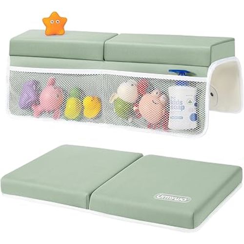 URMYWO Bath Kneeler and Elbow Rest Pad Set - 1.5" Thick Baby Bath Kneeler Pads with Toys Organizer, Anti-Slip Cozy Knee & Arm Support Bathtub Mat, Quick Dry Kneeling Pad for Baby Bath Time