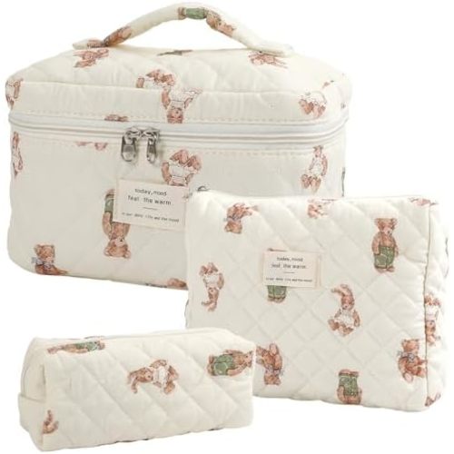 Bolsa de maquillaje acolchada grande para mujeres y niñas, bonita bolsa de cosméticos de algodón floral coqueta, bolsas de aseo organizadas para viajes estéticos, beige (06-Beige Bears