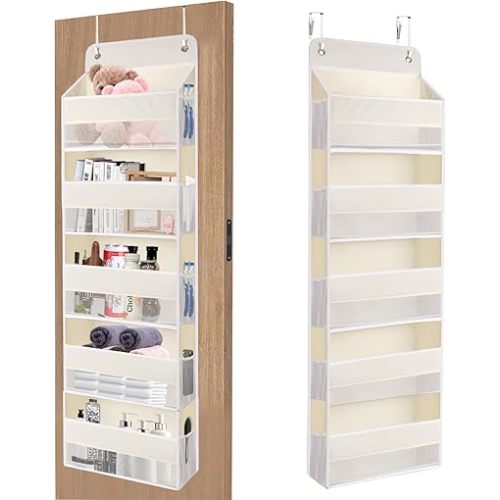 QINGUANG Over The Door Organizer,Hanging Organization and Storage, Behind Door Organizer with Side Pockets, 44 lbs Capacity,Anti Tilt, for Nursery, Bathroom, Bedroom,Dorm 5-Shelf Beige