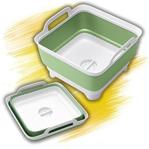 Vamako 9L Collapsible Dish Tub, Folding Laundry Tub, Washing Basin with Draining Plug, Portable Sink Camping Dish Tub, Portable wash Dish Basin. Green