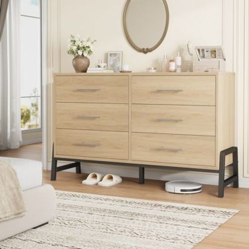 6 Dresser For Bedroom, 52" Wide Dresser, Wide Drawer Dresser With Storage Freestanding, Wooden Closet Dresser Storage For Bedroom, Natural Oak