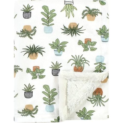 Hudson Baby Unisex Baby Plush Blanket with Furry Binding and Back, Plants, One Size