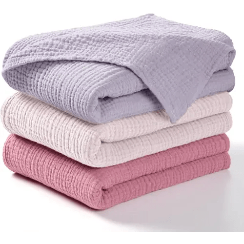 lulumoon Muslin Swaddle Blanket Baby - Cotton Swaddling Blanket Soft Baby Receiving Blanket Neutral 3Pack(Pink+Purple)