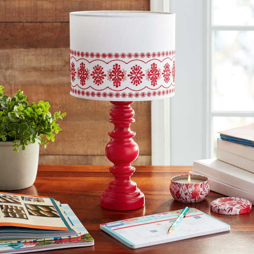 The Pioneer Woman Turned Table Lamp with White Eyelet Linen Shade, Red