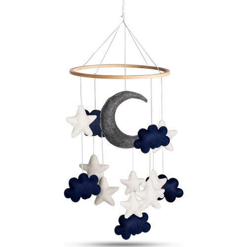 Baby Mobile for Crib - Handmade Modern Boho Baby Mobiles for Bassinet Felt Nursery Mobile - Blue Moon, Stars and White Clouds - Boy Cribs Decorations