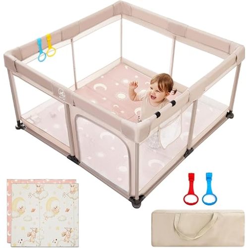 Baby Playpen with Mat, 50 * 50 in Play Pens for Babies and Toddlers, Baby Play Yards for Indoor & Outdoor with Soft Breathable Mesh (Beige with Mat)