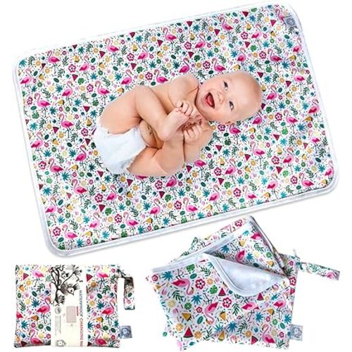 Flockthree Waterproof Baby Diaper Changing Pad with Storage Bag (28.7" X 19.7") Washable Wipeable Reusable Leak Proof Diaper Travel Mat Station Changing Mattress Liner Cribs Bed Cover, Flamingos