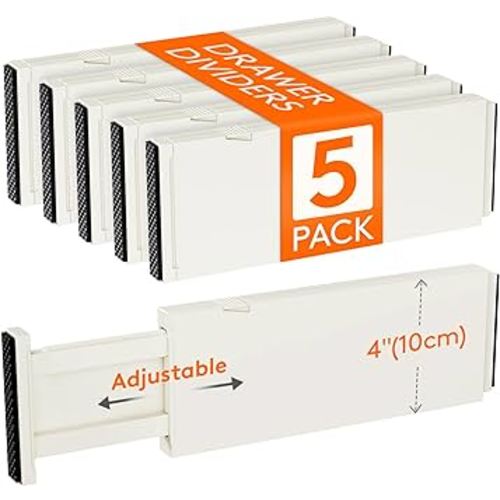 Lifewit 5 Pack Drawer Dividers Plastic 4" High, 11-17" Adjustable Drawer Organizers for Clothes, Expandable Dresser Separators in Bedroom/Bathroom/Kitchen/Office Organization and Storage, Beige