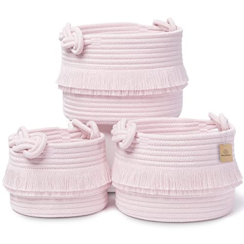 NaturalCozy 3-Piece Boho Decor Storage Basket Set – Cotton Rope Woven Baskets for Organizing! Small Basket for Baby Stuff, Baby Shower, Gift Basket, Nursery Baby Basket, Planter, Toy Basket, Shelves