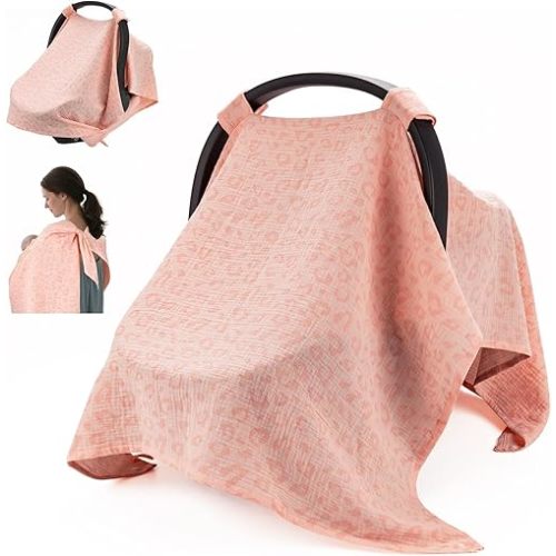 SERAPHY 2-in-1 Muslin Baby Car Seat Cover & Nursing Cover, Soft Lightweight Breastfeeding Cover for Boys and Girls,Breathable Canopy for Infant Carseat & Stroller for Summer—Love