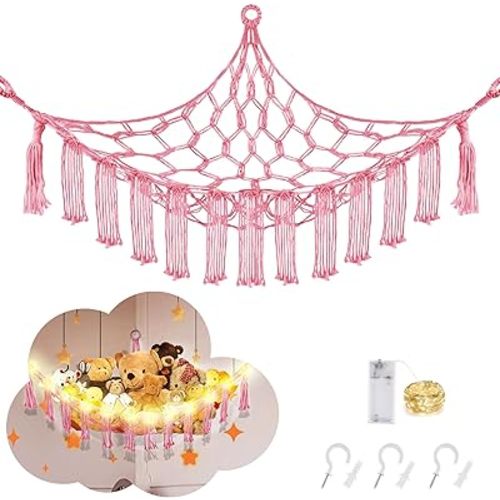 Stuffed Animal Hammock with LED Light, Jumbo Toy Hammock for Stuffed Animals Storage for Kids Room Decor, Stuffed Animal Hammock Corner, Pink