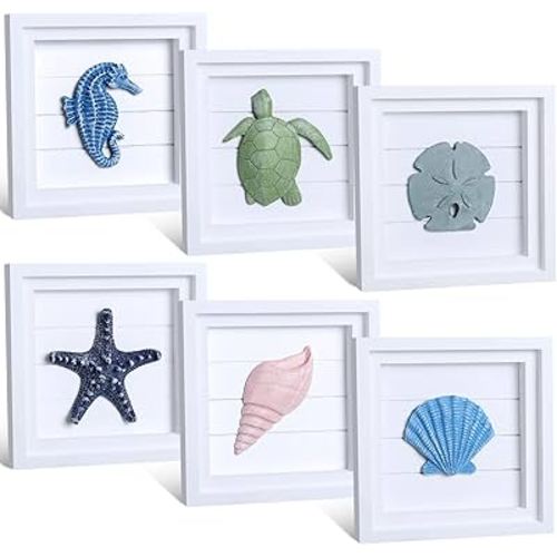 Set of 6 Coastal Beach Wall Decor 6.3" x 6.3" 3D Seashell Beach Wall Art Decor Shells and Starfish Decorations for Bathroom Bedroom Living Room Rustic Ocean Theme Beach House Seahorse Turtle Decor
