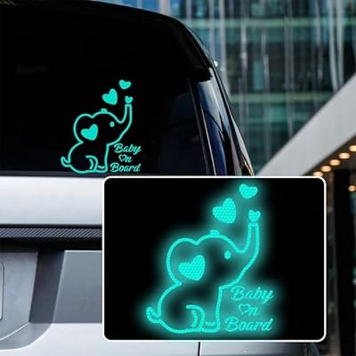 High Intensity Reflective Baby on Board Car Decal Cartoon Cute Elephant Kids on Board Car Sticker Waterproof Safety Warning Decal Baby in Car Sticker (Mint Green)