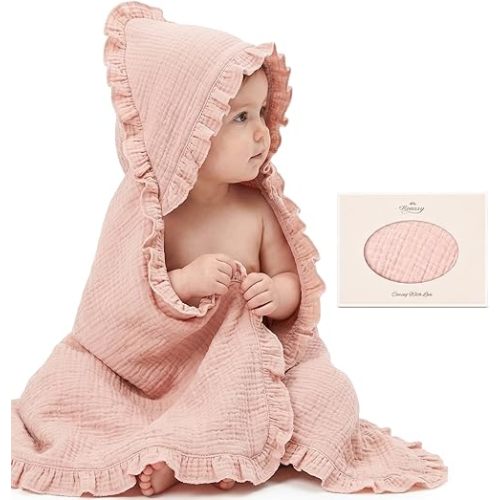 Konssy 100% Muslin Cotton Baby Hooded Towel, Soft Absorbent Bath Towel for Newborns, Infants and Toddlers, Baby Gift and Newborn Essentials with Lace Ruffle Hood