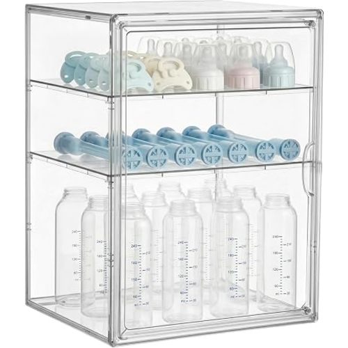 HBlife Baby Bottle Storage Organizer for Countertop Cabinet, 3 Tiers Adjustable Clear Acrylic Bottles Storage Station Case Box Container with 2 Removable Dividers and Magnetic Door, X-Large