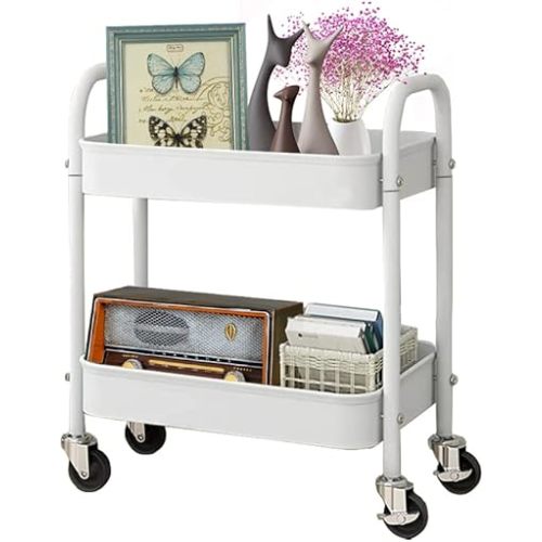 2 Tier All-Metal Rolling Cart, Rolling Storage Cart with Handle and Locking Wheels Kitchen Cart Laundry Office Bathroom Storage Organizer Cart, White