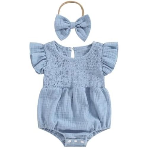 Newborn Baby Girl Clothes Ruffle Sleeve Solid Smocked Bubble Romper Jumpsuit Bow Headband Cute Summer Clothes