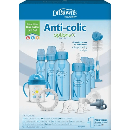 Dr. Brown's Natural Flow Anti-Colic Options+ Special Edition Blue Baby Bottle Gift Set with Soft Sippy Spout Transition Cup, Flexees Teether, Bottle Cleaning Brush and Travel Caps