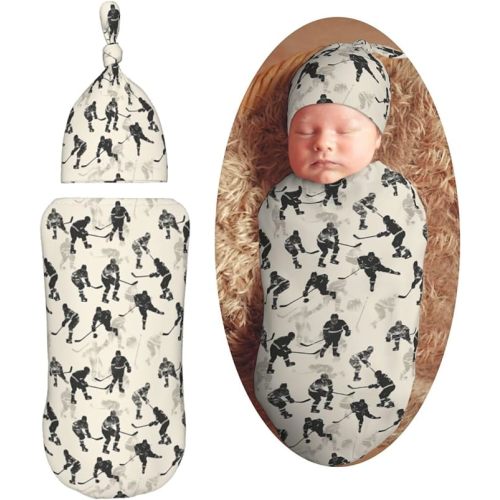 Watercolor Hockey Players Newborn Swaddle Blankets Hat Sets Soft Baby Receiving Blanket Swaddle for Baby Shower Infant Boy Girl Gift
