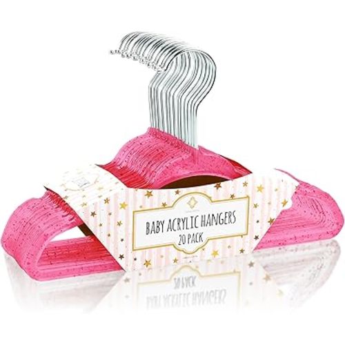 Concepts 20 Pack Premium Heavy Duty Glitter Accrylic Baby Hangers-Elegant for Baby Nursery Space-Saving Non-SlipClothes Hangers with Chrome Hook (Dark Pink, Baby)