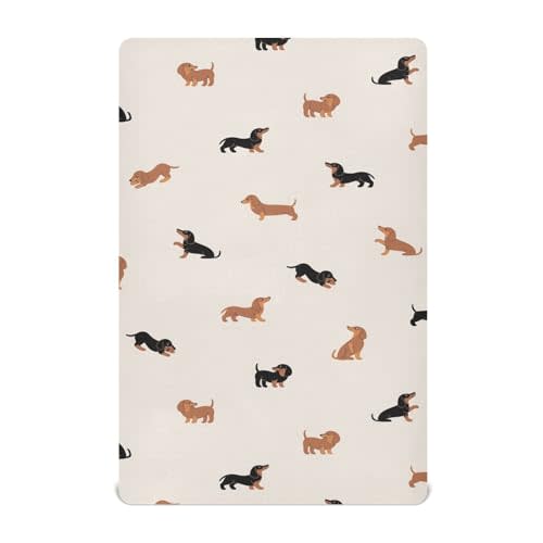 Aslsiy Cartoon Happy Dachshund Dogs Fitted Crib Sheet for Baby Nursery Mattress Sheets Boys Girls Stretchy Playard Sheets Mini Crib 52x28in