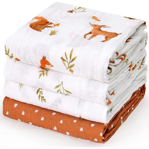 david's kids 4 Pack Baby Muslin Swaddle Blankets, 100% Cotton and Ultra Soft Breathable Receiving Blanket Wrap for Boys Girls, New Born Essentials, Large 47 x 47 inches, Forest Animals