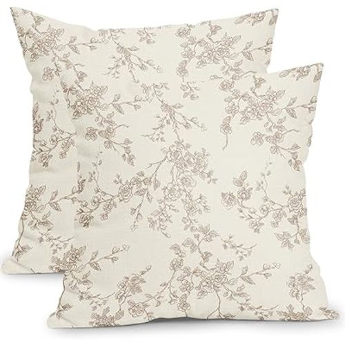 Floral Pillow Covers 18x18 Inch Tan and Cream Outdoor Decorative Throw Pillows Set of 2 Vintage Floral Pillowcase Chinoiserie Flower Pillow Cases for Couch Home Decor