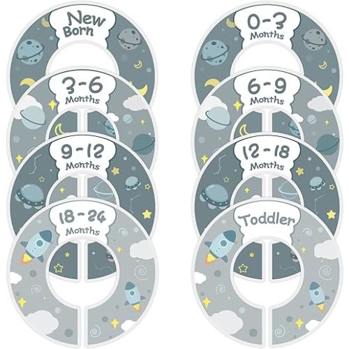 Baby Closet Size Dividers for Clothes Set of 8 Nursery Floral Animal Starry Sky Clothes Organizer by Size/Ages from Newborn to Toddlers Wardrobe Hanger Dividers for Unisex Baby Girls Boys