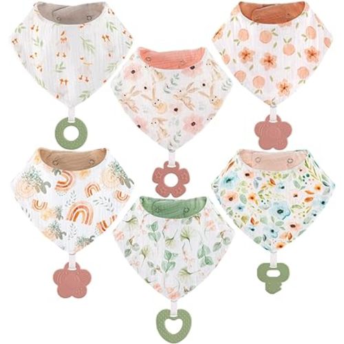 Baby Bandana Drool Bibs 6-Pack and Teething Toys 6-Pack Made with 100% Organic Cotton, Absorbent and Soft Unisex