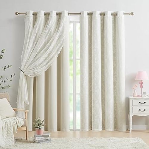 Mix & Match Curtains for Living Room - 2 Pieces Beige 100% Blackout Window Curtains and 2 Pieces Rose Floral White Lace Sheer Curtains for Kids Girls Bedroom, 52" W x 63"L, Grommet, Set of 4 Panels