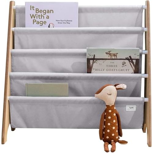 3 Sprouts Recycled Fabric Kids Bookshelf – 4-Tier Sling Book Rack Storage - Kids Room Book Shelves, Nursery, Playroom, Classroom - Bookcase Display Shelf for Toddler, Children Age 3+ - Solid Gray
