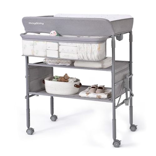 Maydolly Portable Baby Changing Table with Wheels, Waterproof Foldable Adjustable Height Diaper Station with Nursery Organizer and Storage for Newborn and Infant (Grey)