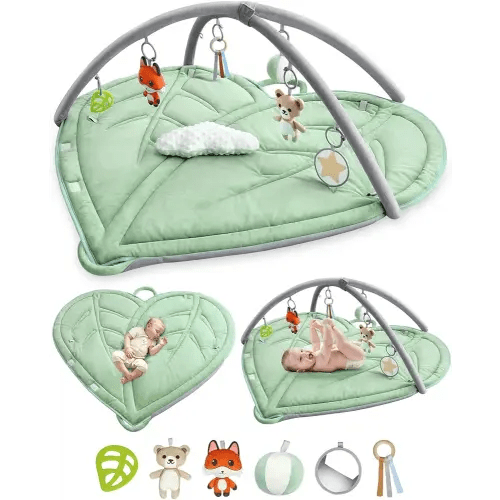Baby Tummy Time Play Gym Mat - Large Newborn Montessori Activity Center Playmat for Floor with 6 Hanging Sensory Toys & Waterproof Nappy - 45" Portable Infant Mat for Babies 0-6-12 Months with Handle