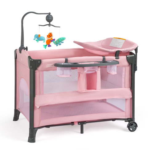 JOYMOR Bedside Bassinet with Changing Table, Pink Bedside Sleeper, for Girl Infant