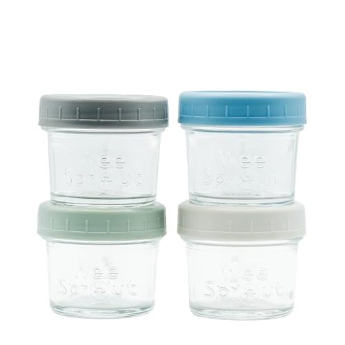 WeeSprout Glass Baby Food Storage Jars w/Lids (4 oz, 4 Pack Set) Snack, Puree, Reusable Small Containers, Breast Milk, Fridge or Freezer, Microwave & Dishwasher Safe, Essential Must Have for Infants - 4 Ounce (Plastic Lids) - Dark Grey, Blue, Green, Light
