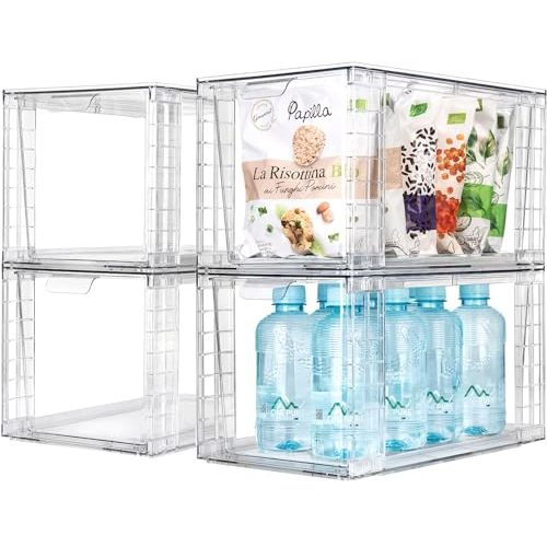 Zero Zoo 4Pack Large Stackable Kitchen Storage Drawers, Clear Foods Organizer Bins with Handles, Easily Assemble for Bathroom, Kitchen, Pantry, Cabinet, Closet(XL-Up Handle)