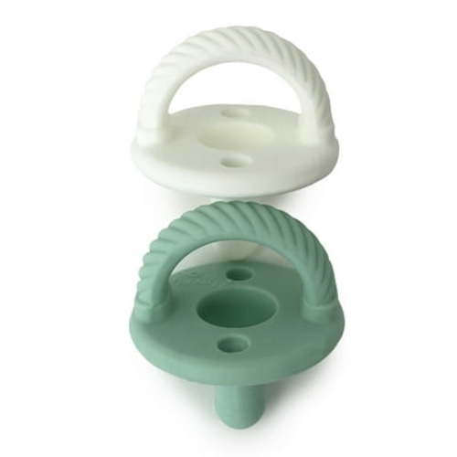 Itzy Ritzy Sweetie Soother Pacifier Set of 2- Silicone Newborn Pacifiers with Collapsible Handle & Two Air Holes for Added Safety; Set of 2 in Green and White, Ages Newborn & Up