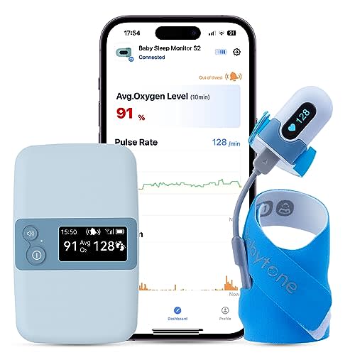 Babytone Baby Sleep Monitor with Base Station, Wearable Smart Sock Foot Monitor with Free App Report, Tracks Heart Rate, Movement and Average Oxygen Level, Fits Newborn 0 to 36 Months Old (BBSM S2)