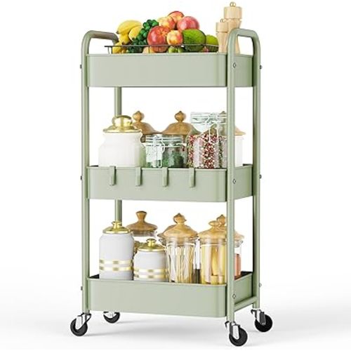 LEHOM 3 Tier Rolling Storage Cart, Metal Trolley Utility Cart with Wheels & Hooks, Easy Assembly Organizer Storage Cart for Bathroom Kitchen Office Bedroom (Green)