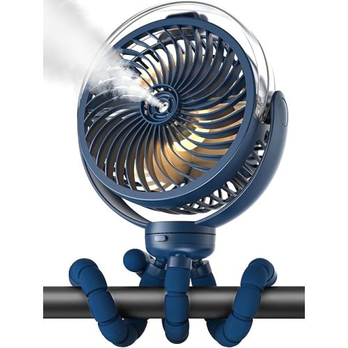 Misting Portable Stroller Fan, 6000mAh Battery Operated wiht 3-Speed, Flexible Tripod & LED Light - Dark Blue