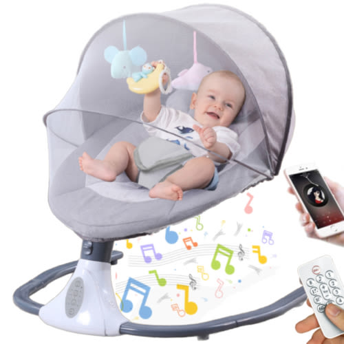 JOJOLAM Electric Baby Swing, Infant Bouncer Chair Rocker with 12 Lullabies, Bluetooth Music, Adjustable Speeds, 4 Timing Set, Unisex, Gray