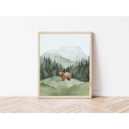 Watercolor Bear and Mountain Wall Art, Bear Nursery Decor, Nature Landscape Prints, Forest Wall Art, Cozy Cabin Decor,