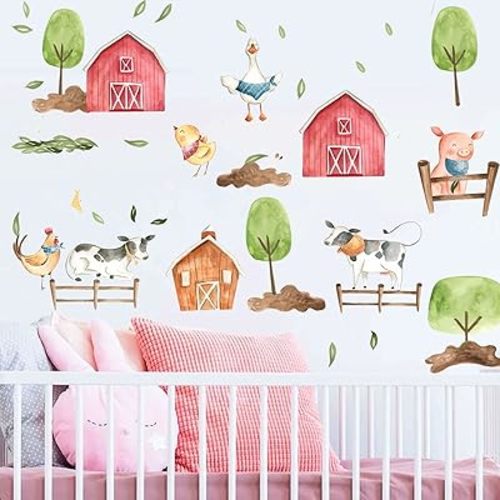 Kids Watercolor Farm Wall Stickers Trees Animals Cows Wall Decals Peel and Stick Removable Farmhouse Wall Stickers for Baby Nursery Kids Bedroom Playroom Wall Decor