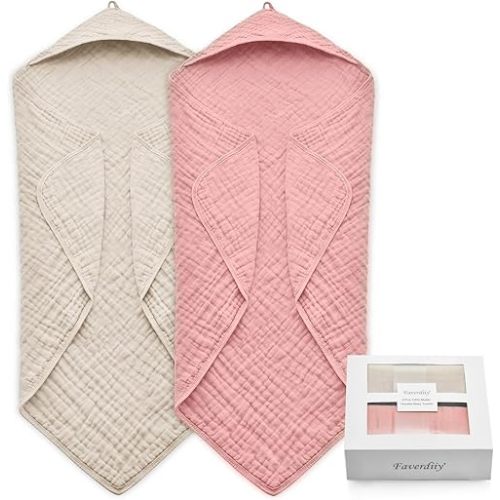 Hooded Baby Towels for Newborn, 35x35 Inch 2 Pack 100% Muslin Cotton Baby Bath Towel, Soft Baby Beach Towels with Hood for Infants, Toddlers and Kids, Essentials Must Haves Dusty Pink+ Beige