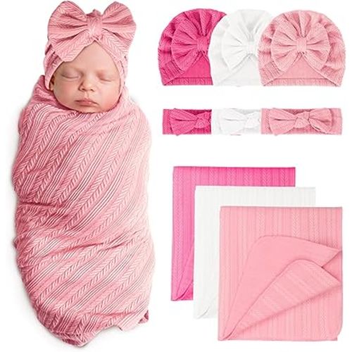 Newborn Receiving Blanket with Bow Hat Headband Set Wheat-Pattern Newborns Toddler Baby Boy Girl Nursery Swaddle Wrap