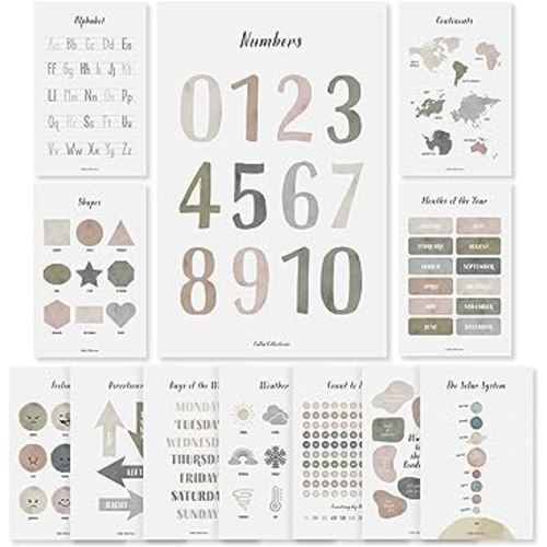 Calla Collections Educational Posters, 12 PC Laminated Pre-K Toddler Learning Poster with Colorful Wall Stickers, 11x14 Inch Easy-to-Read Visual Art Teaching Aid for Public or Homeschool Classrooms