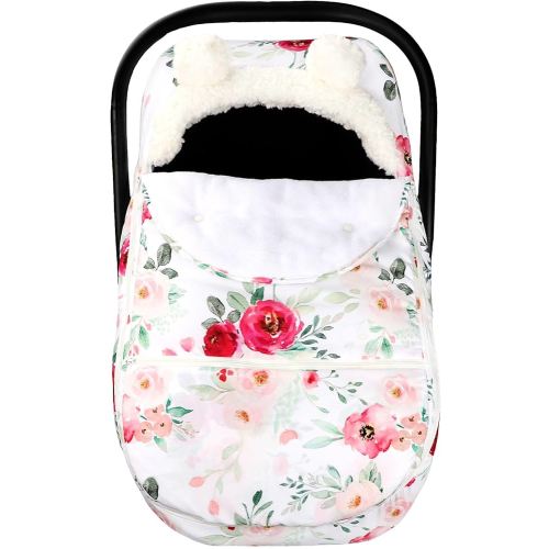 Car Seat Covers for Babies Winter, Flower Carseat Cover Girls, Zipped Cozy & Warm Cover, Universal, Ultra-Soft Breathable, Removable Design Infant Car Seat Canopy