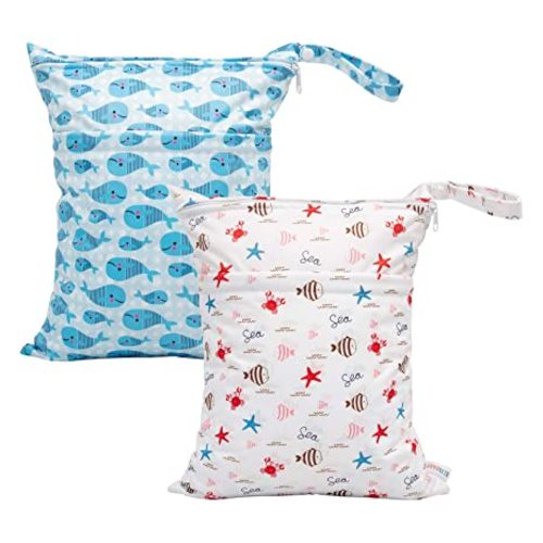 ALVABABY 2pcs Cloth Diaper Wet Dry Bags Waterproof Reusable with Two Zippered Pockets Travel Beach Pool Daycare Soiled Baby Items Yoga Gym Bag for Swimsuits or Wet Clothes LX-YK6163