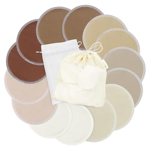 wegreeco Nursing Breast Pads (14 Pack) + Laundry Bag & Travel Storage Bag, 4.7 inch - Washable & Reusable Breastfeeding Nursing Pads (Brown, Plain Shape)