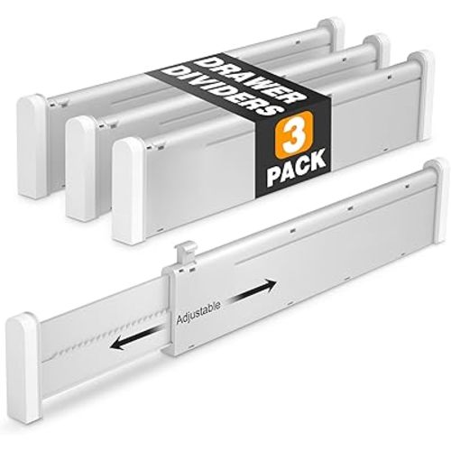 HiYZ Expandable Drawer Dividers - 12.6-22.8'' Adjustable Drawer Divider Organizers for Kitchen Utensils, Drawer Separators in Bedroom, Dresser, Office, Bathroom, Fridge, 3 Pack Long Dividers-Gray